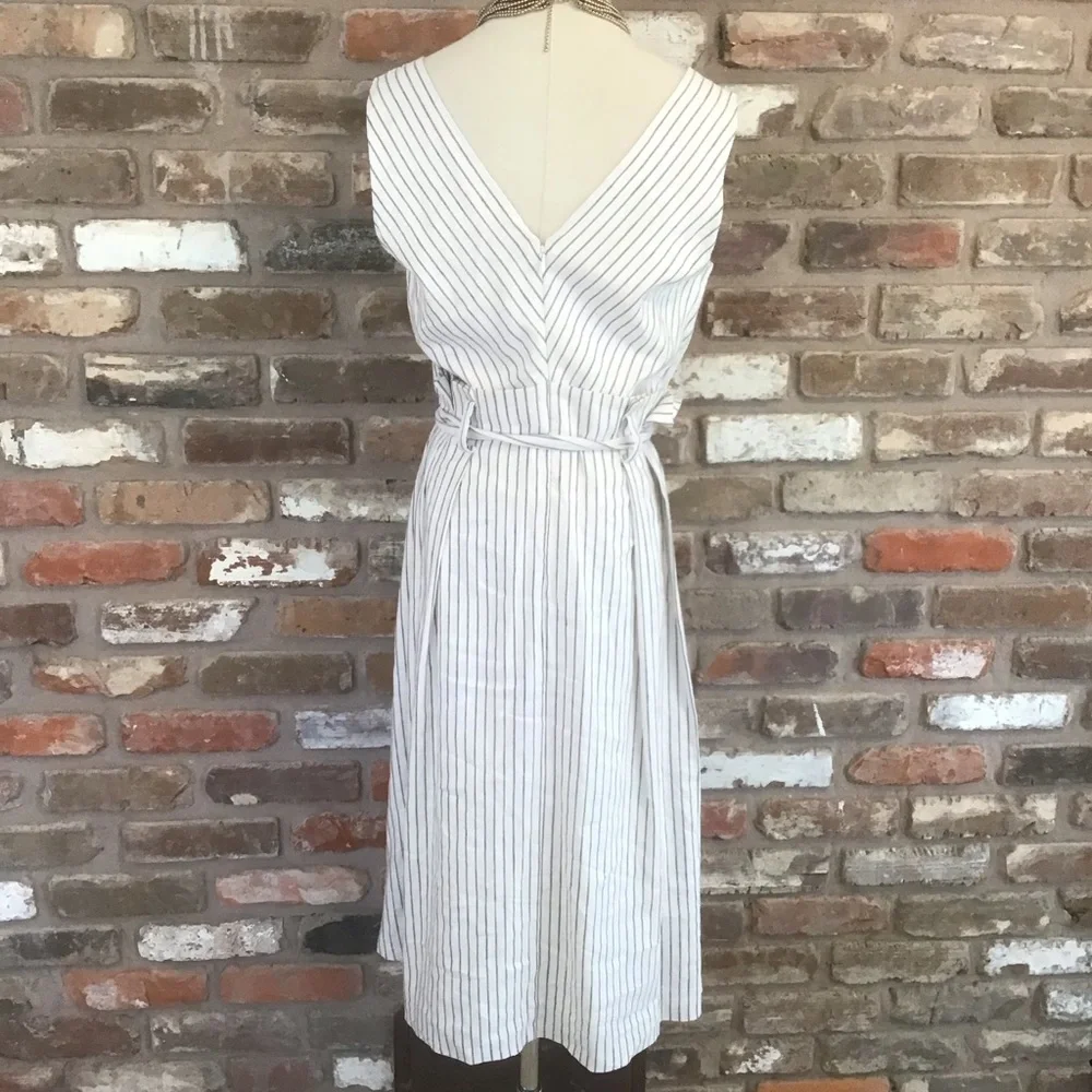 ANTONIO MELANI Women's Ivory Stripe Sleeveless V-neck Sash Linen Midi Dress 10 - Picture 4 of 8